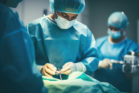 Surgeons team performing surgical operation in operating room. Doctors are working in hospitalの素材