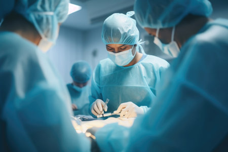 Surgeons team performing surgical operation in operating room. Doctors are working in hospitalの素材