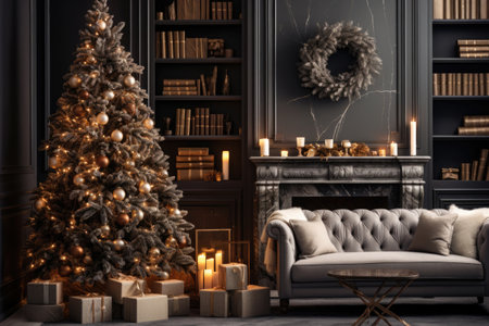 Stylish living room decorated for winter holidays. Cozy interior with festive Christmas tree. New Year backgroundの素材
