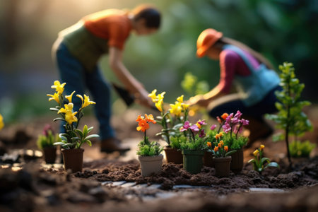 Couple takes care of flowers in garden. Man and woman working together outdoorsの素材