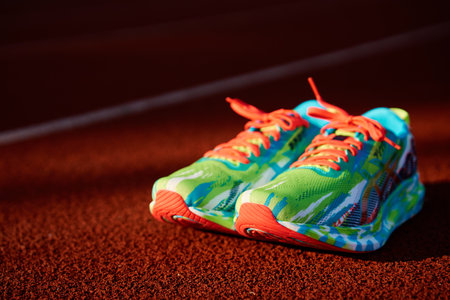 Asics Noosa Tri 13 running shoes on stadium track, Pair of Asics sport sneakers for triathlon training. Katy Wroclawskie, Poland - June 10, 2023のeditorial素材