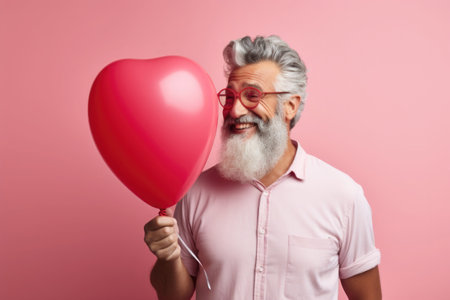 Stylish man holds red balloon in shape of heart. Love and romantic emotions conceptの素材