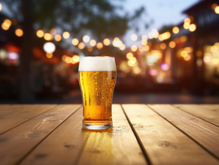 Glass of cold beer on wooden table with blurred background. Drinking alcohol outdoorsの素材