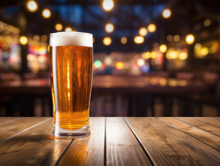 Glass of cold beer on wooden table with blurred background. Drinking alcohol outdoorsの素材