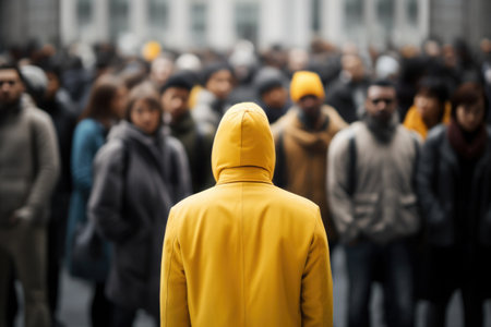 People crowd at city street, rush hour. Man in yellow jacket stand out from group of peopleの素材
