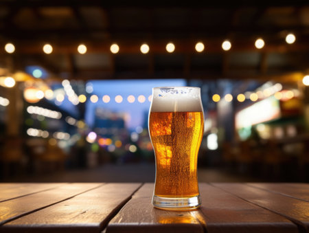 Glass of cold beer on wooden table with blurred background. Drinking alcohol outdoorsの素材