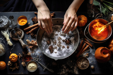 Woman prepares dish to celebrate Halloween. Female hands cooking in kitchen with Halloween ingredients on tableの素材