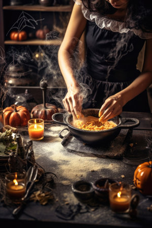 Woman prepares dish to celebrate Halloween. Female hands cooking in kitchen with Halloween ingredients on tableの素材