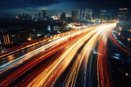 Cars headlamp trails with motion blur effect at night city street. Colored lines on road with long exposure effect. City silhouette with skyscrapers and road traffic at nightの素材