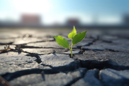 Small green plant growth through cracks in asphalt. Struggle for survival concept. Sprout growing through roadの素材