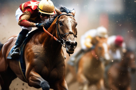 Jockey at horse racing competition. Rider on horse during a raceの素材