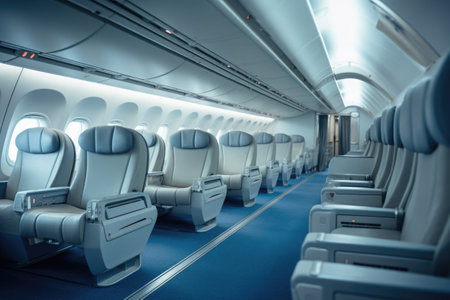 Empty passenger seats in cabin of the aircraft. Plane interior. Business class in commercial transportの素材