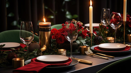 Festive table setting with plates, candles and floral bouquet. Table set for banquet in luxury restaurantの素材
