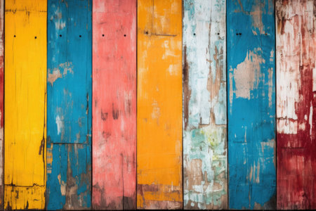 Texture of aged wooden boards with weathered paint. Colored woden planks backgroundの素材