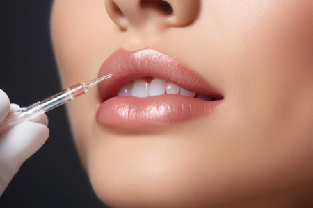 Young beautiful woman receives botox injection for facelifting. Aesthetic medicine. Cosmetology procedure in beauty clinic.の素材
