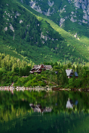Spruce forest near blue lake in mountains. Tatra National Park in Poland. Panoramic view on Morskie Oko or Sea Eye lake in Five lakes valley. Nature landscapeの写真素材