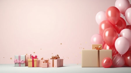 Flying balloons and presents in gift boxes on light background. Festive composition for celebration. Banner with copy spaceの素材