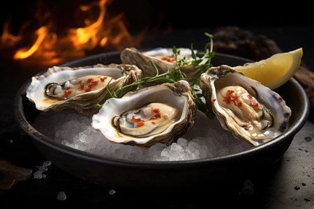 Fresh oysters served with lemon and ice on dark backgorund. Shellfish restaurant meal. Delicious foodの素材