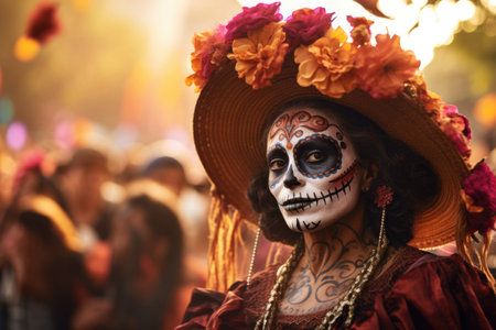 Woman in traditional costumes and skeleton mask on face is celebrating Day of Dead. Dia de los Muertos holidayの素材