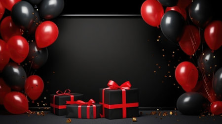 Flying black and red balloons and gift boxes on dark background with copy space. Festive composition with presents. Black Friday sales bannerの素材