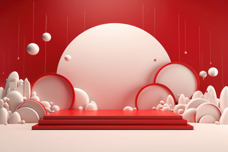 Creative Christmas and New Year banner with copy space. Festive composition with podium on red background.の素材