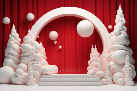 Creative Christmas and New Year banner with copy space. Festive composition with podium on red background.の素材