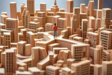 Man in city street as maze is looking for way out. Concept of finding right path. Figure of man in labyrinth with high wallsの素材