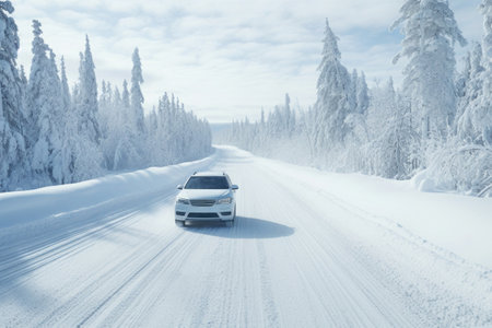 Car on snowy road in winter forest. Danger driving on slippery road at blizzardの素材