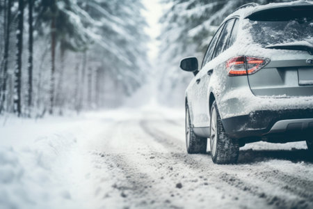 Car on snowy road in winter forest. Danger driving on slippery road at blizzardの素材