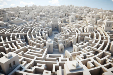 City as maze with streets and high rising buildings. Futuristic architectureの素材