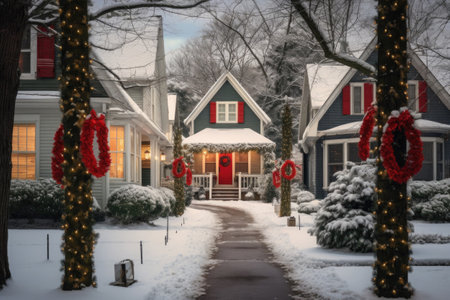 Traditional american residential houses with festive garlands lights and Christmas decorations. Suburban neighborhood at winter holidays season. House facades at snowy street on Christmas eveの素材