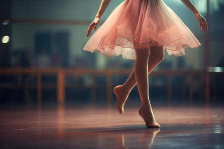 Ballerina dancing in ballet class. Ballet dancer legs in pointe shoes is performing on theatre stageの素材