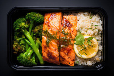Rice with grilled salmon and asparagus in container. Prepared food for healthy nutrition in lunch box. Catering service for balanced diet.の素材