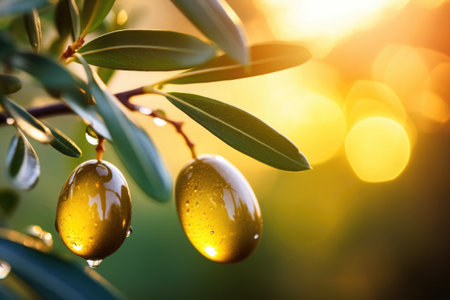 Green olives with dew drops on olive tree branch at sunriseの素材