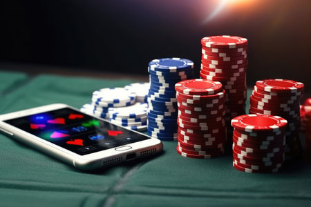 Poker chips and smartphone on green felt. Online gambling addictionの素材