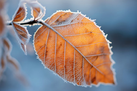 Frozen plant leaves. Frost on leaf in winter morning. First frostsの素材
