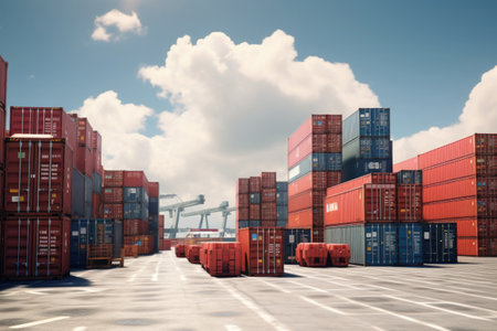 Shipping containers in port with cranes. Container loading. Freight transportation conceptの素材