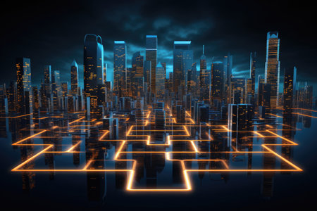 Digital city with illuminated connection lines on dark background. Futuristic smart city concept. Big data and network technologiesの素材