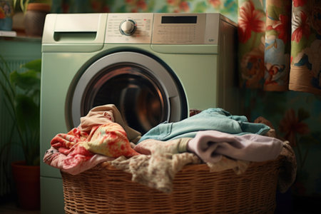 Laundry room with washing machine and dirty clothes in basket. Daily routine and choresの素材