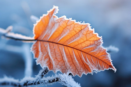 Frozen plant leaves. Frost on leaf in winter morning. First frostsの素材