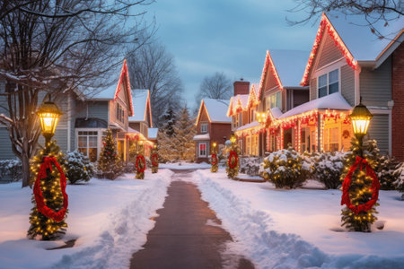 Traditional american residential houses with festive garlands lights and Christmas decorations. Suburban neighborhood at winter holidays season. House facades at snowy street on Christmas eveの素材