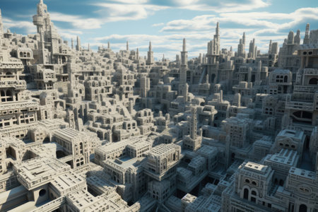 City as maze with streets and high rising buildings. Futuristic architectureの素材