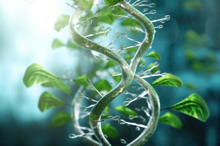 Biotechnology concept. Green plant molecular structure. Scientific research with plantsの素材