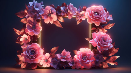 Neon glowing square frame and blooming flowers background. Creative nature backgroundの素材