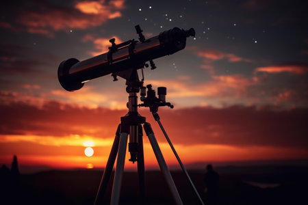 Telescope silhouette against sunset background. Hobbies of amateur astronomy. Night sky observationの素材