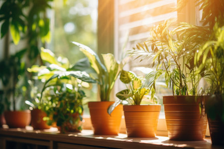 Pots with green houseplants on a windowsill in morning sunlight. Indoor gardening. Living room decorの素材
