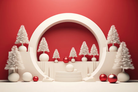 Creative Christmas and New Year banner with copy space. Festive composition with podium on red background.の素材