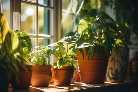 Pots with green houseplants on a windowsill in morning sunlight. Indoor gardening. Living room decorの素材