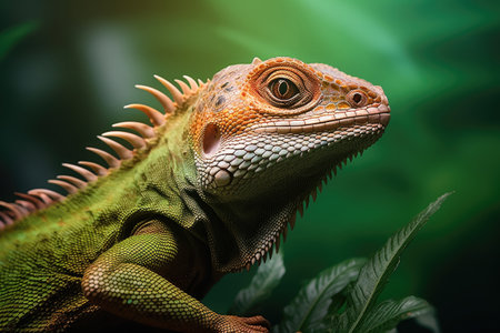 Lizard against green background. Portrait of iguana in nature. Exotic animal in tropical environmentの素材