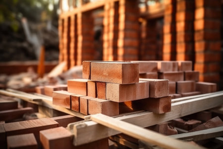 Red bricks stacked at a construction site. Building materials for constructionの素材